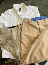 Boys Size 14: White Button up, Flat front dress pants, flat front kacki shorts