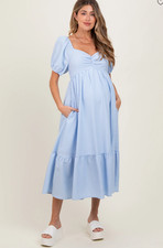 Pink Blush Maternity Midi Dress Light Blue Sweetheart Stripe Smocked Back Medium