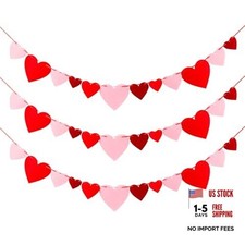 Felt Heart Garland, 3-Pack Mixed Size Red Burgundy Pink Banner, Valentine's