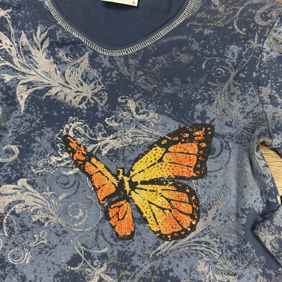 Camisa Cactus Bay Mujer Pequeña Azul Mariposa Estrás Manga 3/4 Hecha en EE. UU. Foto 3 de 4