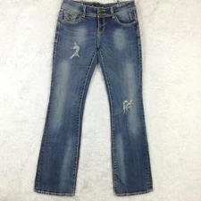 Vigoss Womens Jeans Boot Cut Blue Denim Flap Pocket Stone Wash Low Rise 27