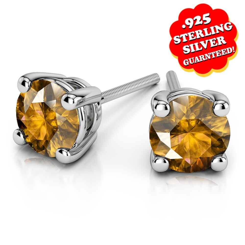Solitaire Stud Earrings 925 Sterling Silver Round Cut Simulated Citrine