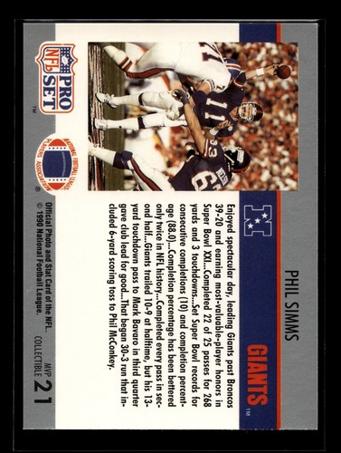 1990 Pro Set Super Bowl MVPs #21 Phil Simms (EX)(FTB) - Picture 2 of 2