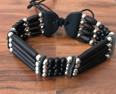 Native American Indian Style Buffalo Bone Choker Beaded Black Stone Necklace