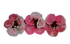 BARRETTE HAND BEADED FRENCH HAIR CLIP 3 PANSIES SHADES OF PINK 4.5" X 1.5"