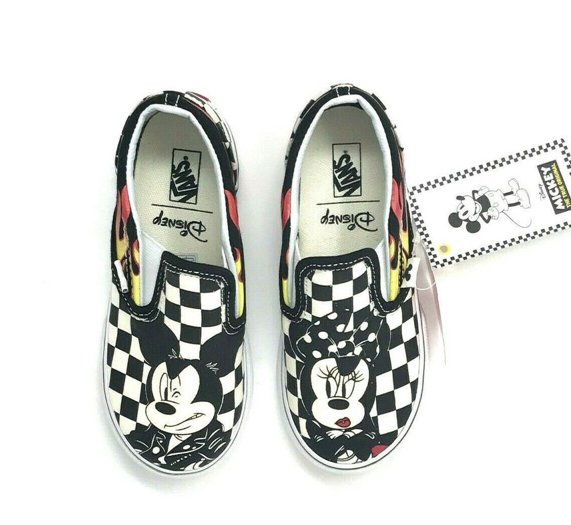 Vans Classic Slip On Disney Mickey Minnie Flames Check kids 13 Skate Shoes