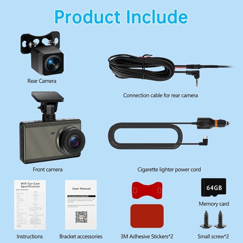 4K Dash Cam Front and Rear Ultra HD Dual Dash Camera for Cars 4K+2K 3'' IPS - Picture 8 of 8