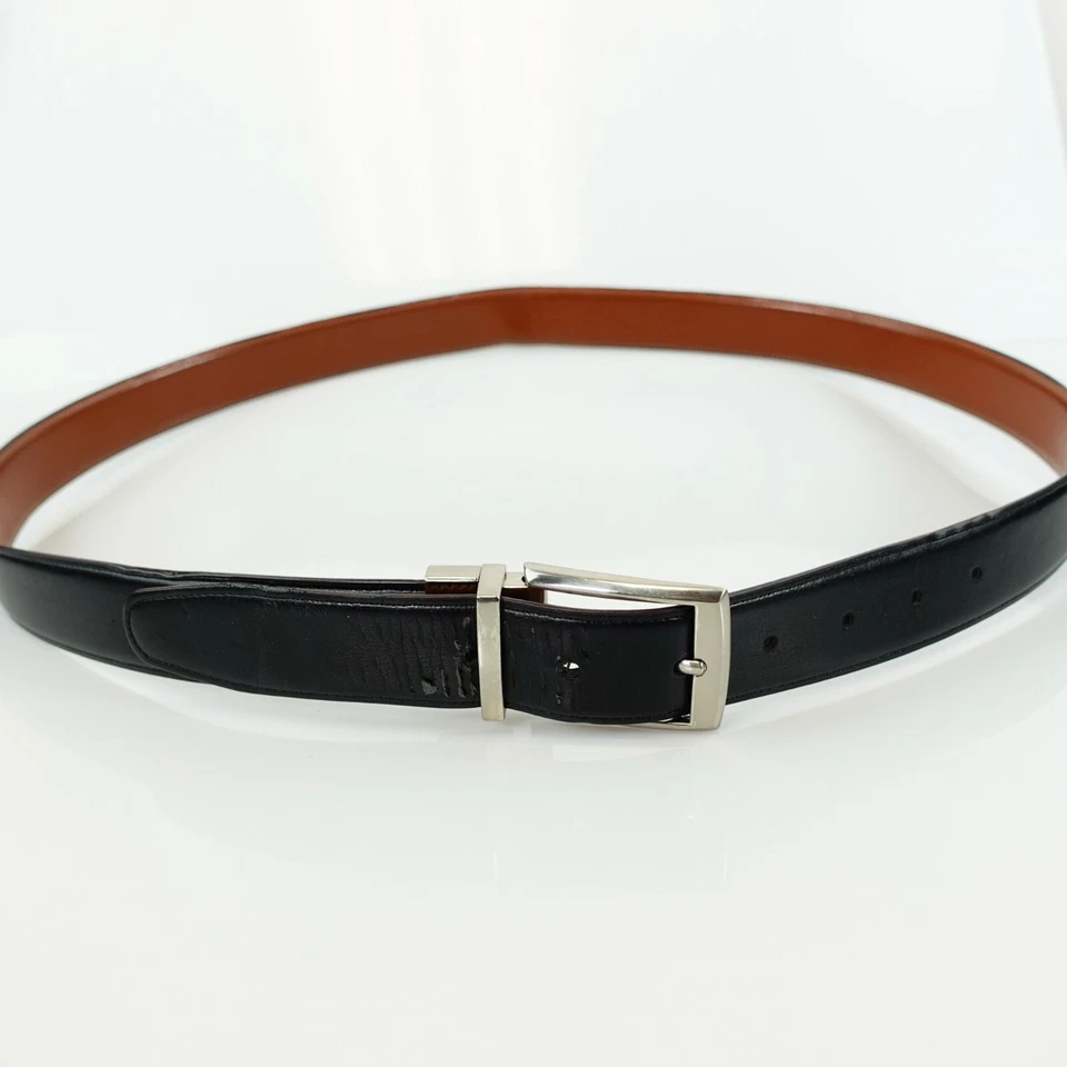 Perry Ellis Belt Men Size 42 Black Faux Leather Dress Reversible Silver Buckle - Image 3 of 4