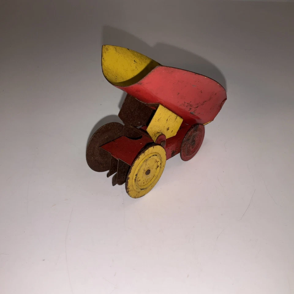 "Increíble remolque de volteo de juguete de hojalata rojo y amarillo antiguo vintage/antiguo de 3"" de largo" Foto 3 de 4