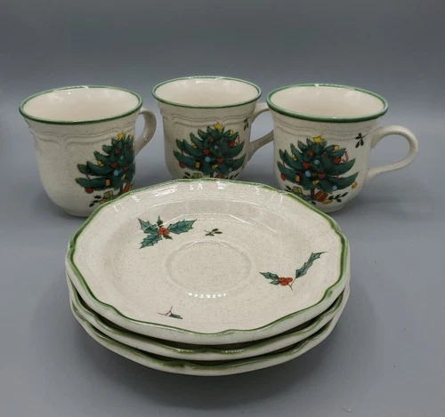 Mikasa Festive Season EB451 Cup N Saucer Set Of 3 Japan Christmas Tree Holly