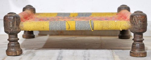 Antique Wooden Square Floor Sitting Knitted Small Stool Original Old Hand Crafte - Picture 2 of 8