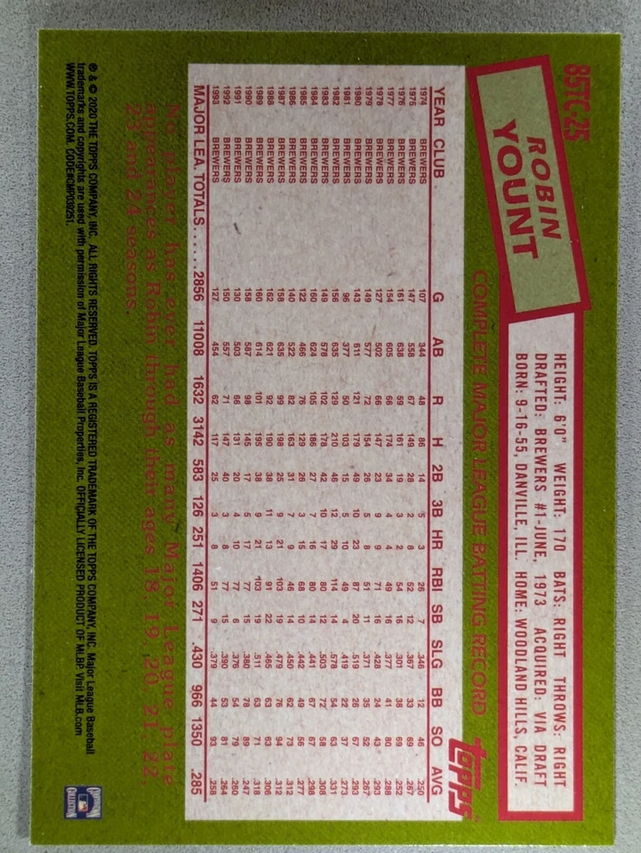 2020 Topps - Silver Pack 1985 Robin Yount #85TC-25 Brewers - Image 2 of 2