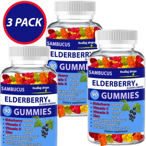 (3 Pack) Elderberry Gummies with Zinc Vitamin C, D - Sambucus Elderberry Gummies - Afbeelding 1 van 6