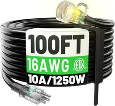  16/3 Gauge Black Outdoor Extension Cord 100 ft Waterproof Heavy Duty 3 Prong