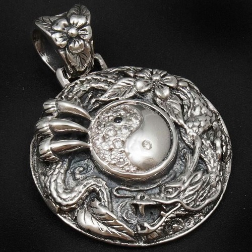 20 g COLGANTE PARA HOMBRE PLATA ESTERLINA 925 YING YANG DRAGÓN GARRA DE ÓNIX FLOR ARTESANO - Imagen 2 de 13