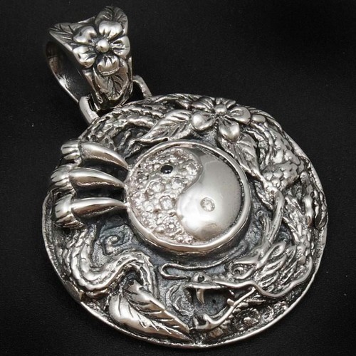 PENDENTIF HOMME 20 g YING YANG DRAGON ONYX GRIFFE ART FLEUR ARGENT MASSIF 925 - Photo 1 sur 12