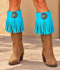 Women s Turquoise Western Mid-Calf Blue Fringe Boot Cuffs/Toppers Conchos