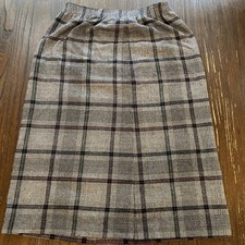 Vtg Wool Tartan Plaid Pencil Knee Skirt Medium/Large Above Knee Preppy Gray Blk