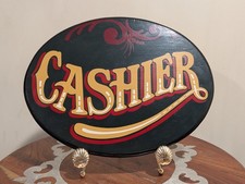 Letrero de cajero de madera pintado a mano por el artista, escultor y a rayas Joseph Long de DE