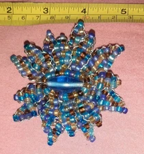 BEAUTIFUL Wire Beaded Blue Yellow and Brown Flower Brooch Lapel Pin