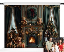 Christmas Green Backdrops Luxurious Indoor Decor Photo Backdrops Fireplace Ch...