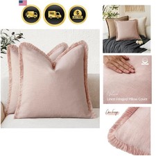 Decorative Linen Fringe Throw Pillow Covers 22×22 Light Pink | Set of 2 Moder...