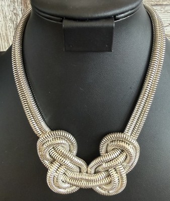 VINTAGE 80'S SILVERTONE FLAT SNAKE CHAIN NECKLACE W/KNOT, SILVERTONE 16''-18''