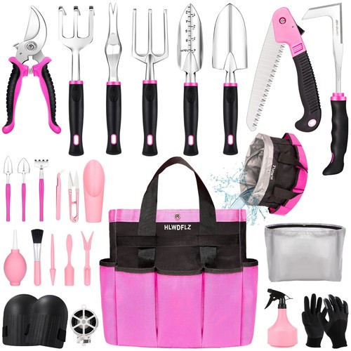 HLWDFLZ Pink Garden Tool Set Gardening Items for Women - 24PCS Heavy Duty Gar...