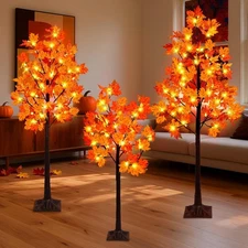 Set of 3 Artificial Lighted Maple Trees - 4FT, 5FT, 6FT with 4+5+6FT, Orange 