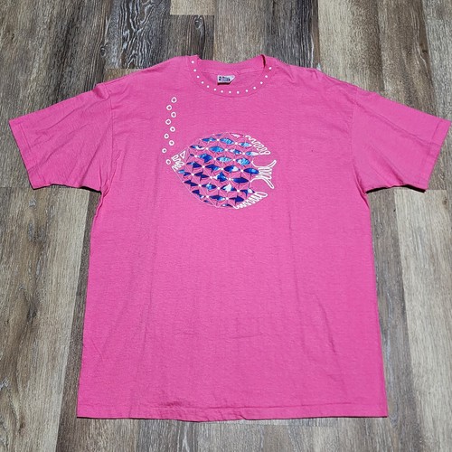 Vintage 90s Hanes Beefy Shirt XL 46-48 Fish Bubbles Pink Single Stitch Print Painted - Bild 2 von 10