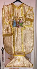 Vintage Style Christmas Nativity Chasuble Set Gold Damask Fabric Embroidered