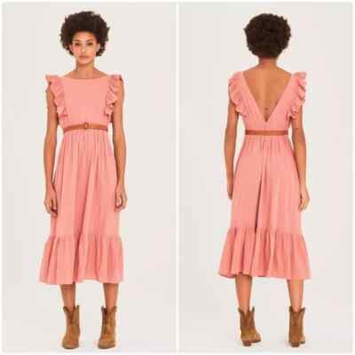Ba&sh Joyce Midi Dress Solid Ruffle Resort Tiered Cotton Flutter L-3 New 265129
