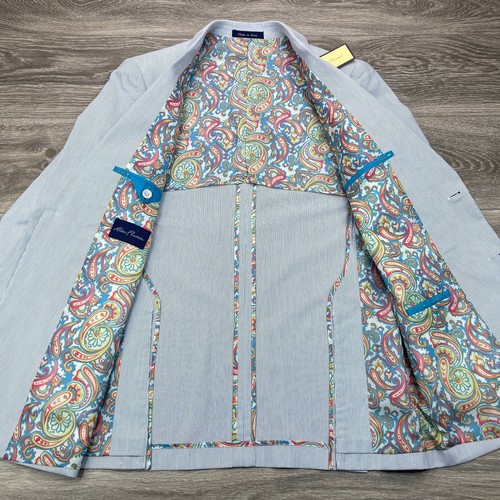 Alan Flusser Blazer Mens M Blue White Stripe Seersucker Preppy Coastal Paisley - Picture 7 of 21