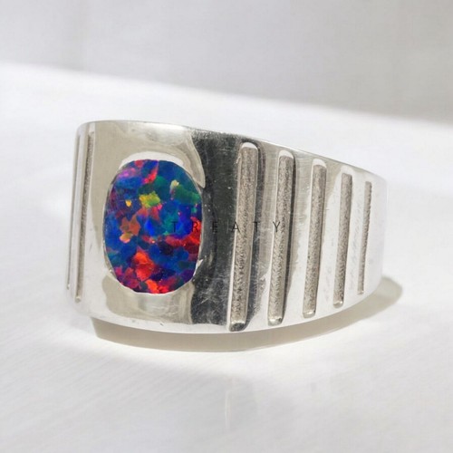 Black Opal Oval Cut Gemstone With 925 Sterling Silver Ring For Men's #765 - Picture 2 of 6