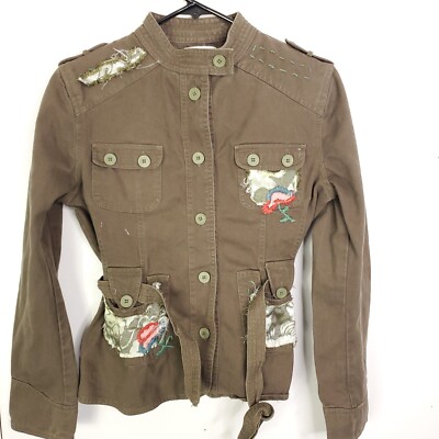Sharagano Jacket WOmens Large Button Down Embroidered Patches Belted Waist Artsy