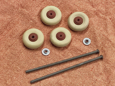 4 NEW White Rubber TIRES 1'' w/wood hubs & 2 axles, 2 clips HUBLEY Cast Iron