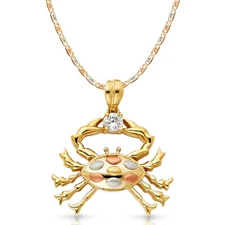 14K Tri Color Gold CZ Crab Charm Pendant & 3.3mm Valentino Star Chain Necklace
