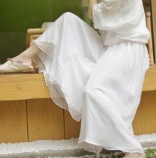 Women Wide-Leg Culottes Cotton Linen Double-Layered Pants Yoga Loose Retro Style