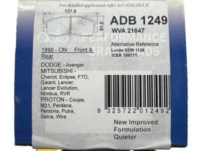 ADB FRONT / REAR BRAKE PAD ADB1249 for MITSUBISHI 1990-on FTO RVR LANCER EVO