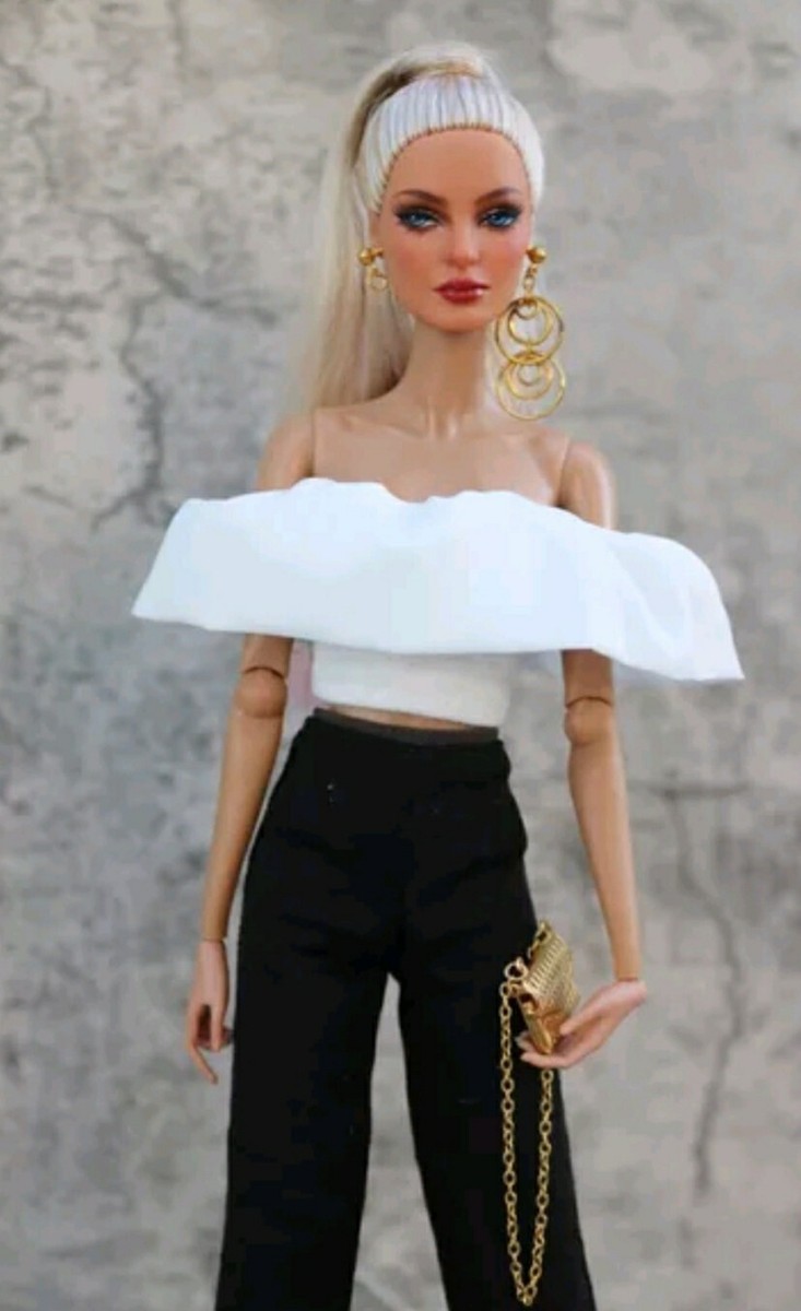 Dolls Cloths White Short Frilly Top Black Pants for 30cm Barbie