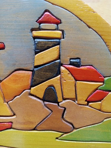 VINTAGE LIGHTHOUSE FOLK INLAID WOOD NAUTICAL SEASCAPE SAILBOAT CABIN DECOR 10" - Picture 2 of 7