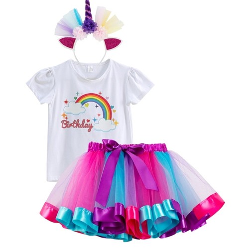 Licorne Girl Birthday Costume Outfits Rainbow Skirt,Licorne Horn Headband - Picture 9 of 26