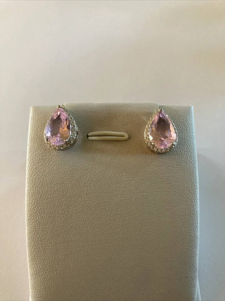 Tear Drop Pink Sapphire Earrings in White CZ Halo - Image 3 of 4