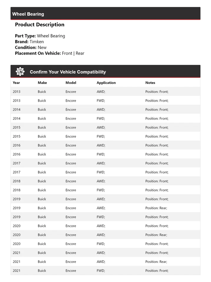 Cojinete de rueda Timken para Buick Encore 2013-2021 2014 2015 2016 2017 2018 2019 Foto 2 de 4