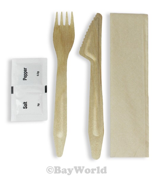10X Set Holz Besteck Premium Kompostierbar Mit Salz/Pfeffer Einwegbesteck 260100-image