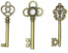 3 Large Skeleton Key Pendants Antiqued Bronze Assorted Steampunk Charms Wedding