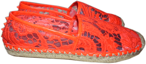 Rebecca Minkoff Red Genny Lace Espadrilles 8.5 Flat Shoes Macrame Ballet Spike - Foto 1 di 7