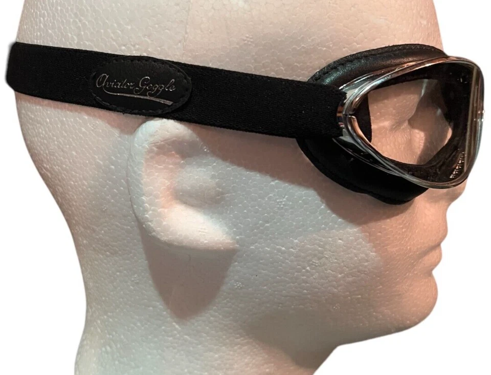 Gafas de aviador moto cromadas lentes transparentes cuero negro hechas en Francia Foto 2 de 4