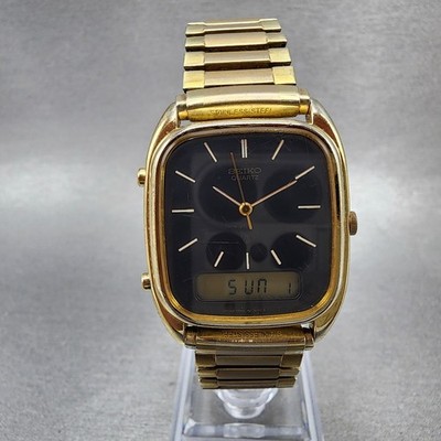 Seiko Analog Digital Watch Men 29mm Black Dial Gold Tone Rectangle