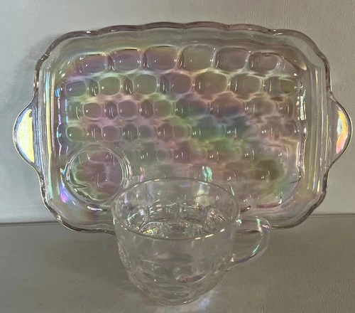 Set of 6 ~ Vintage Federal Glass Yorktown Iridescent Snack Trays & Cups MCM